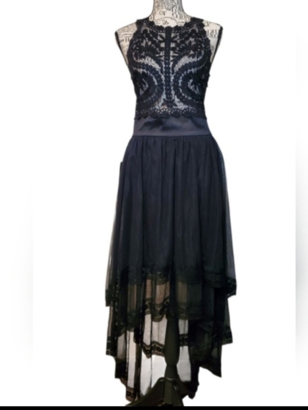 Bebe Black Crystal Bloom Embroider Tulle Lace Halter Dress goth witchy - Picture 2 of 7